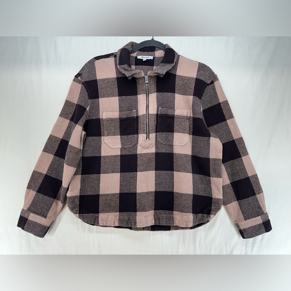 Madewell Waffle‎ Knit Popover Long Sleeve Pink Burgundy Buffalo Plaid Size M